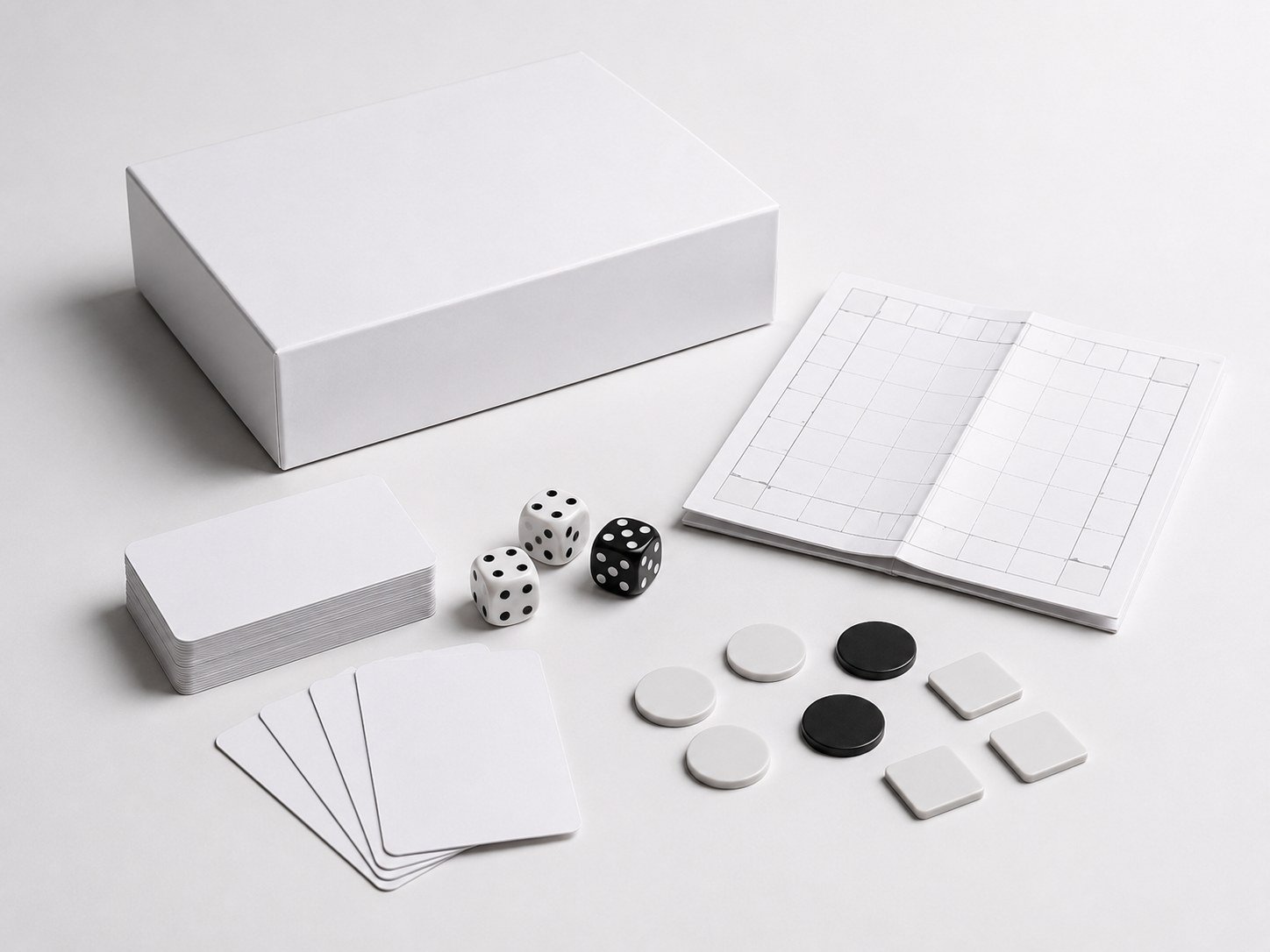 Board game components, cards, tokens and dice