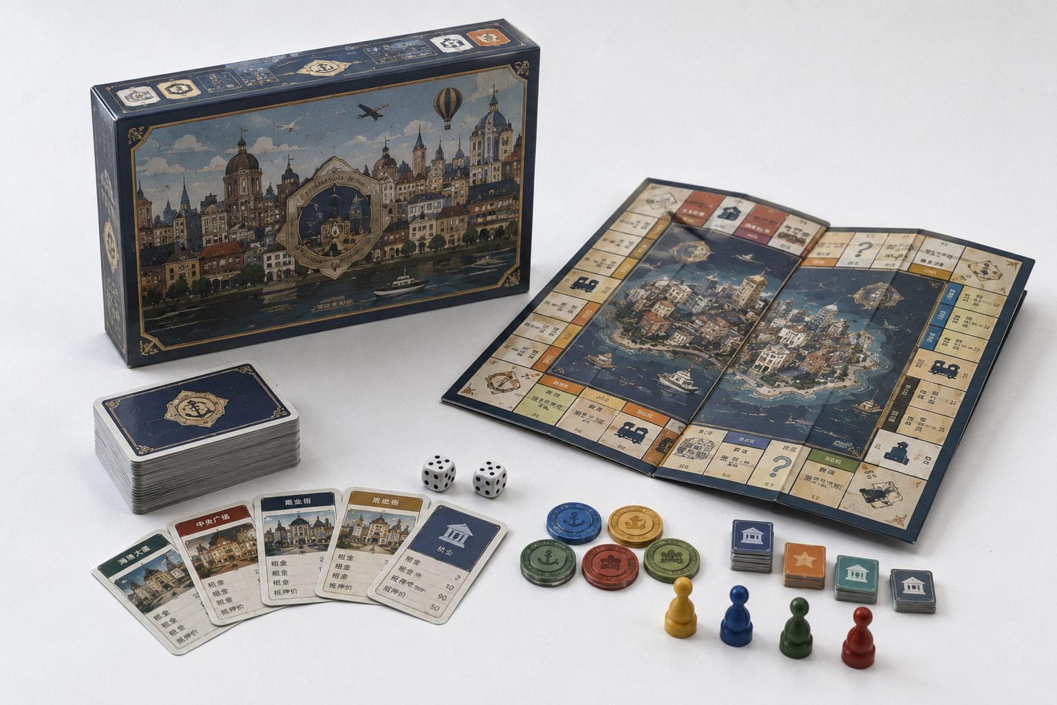 Board game components, cards, tokens and dice